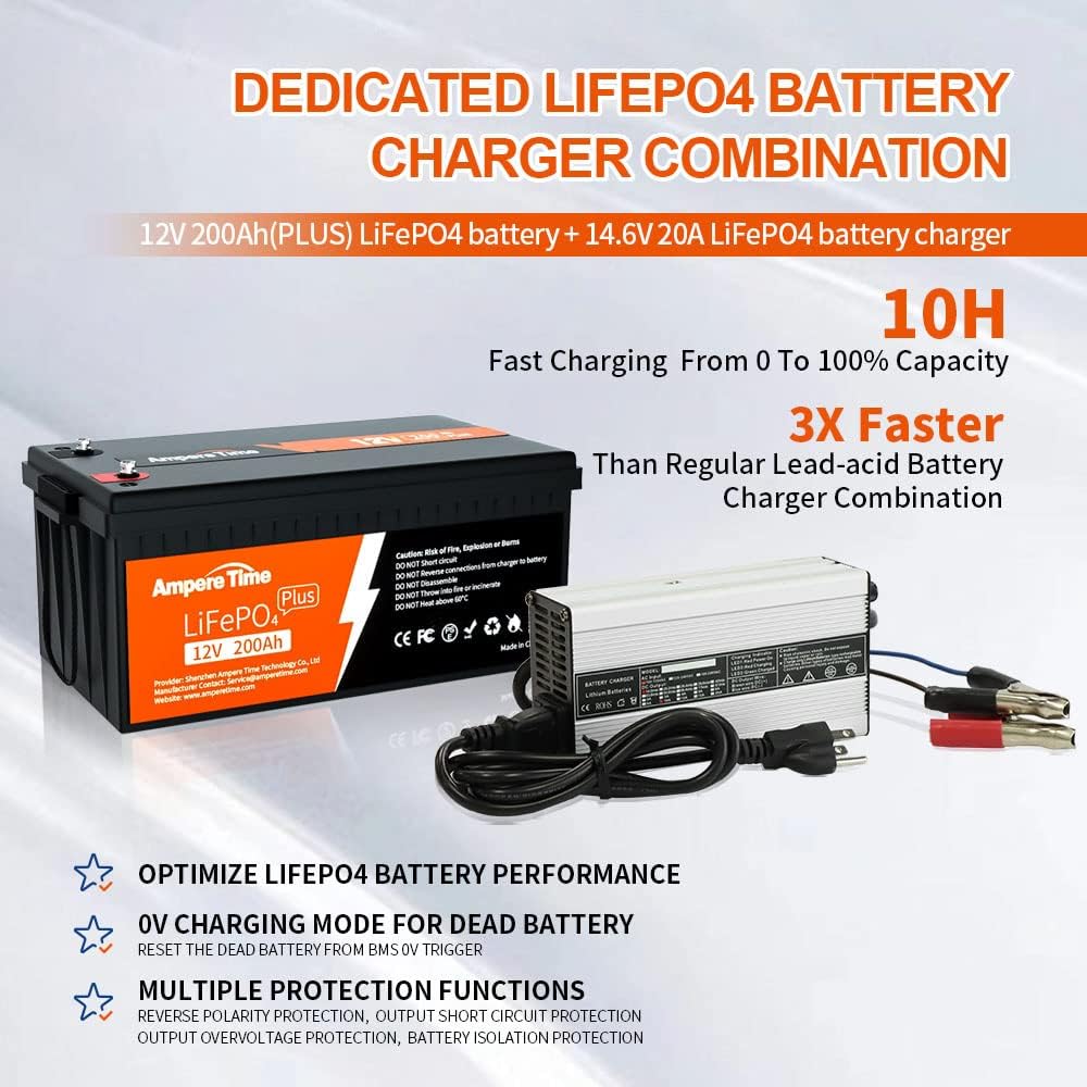 Ampere Time 12V 300Ah LiFePO4 Battery with 14.6V 20A Dedicated Lithium Battery Charger, Max 2560W Power Output, Built-in 200A BMS, 4000+ Cycles