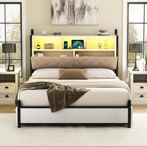 AMERLIFE Full Size Bed Frame with Bookcase Headboard, 4 Storage Drawers, Wooden Platform Bed with Charging Station & LED Light, No Box Spring Needed