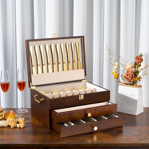 Silverware Storage Box, 2-Layer Flatware Storage Case with Drawer, Wooden Silverware Chest with Linen Liner