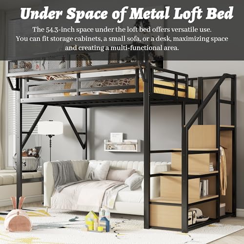 Full Size Loft Bed with Desk and Stairs, Heavy-Duty Steel Loft Bed Frame with Wardrobe & LED Light