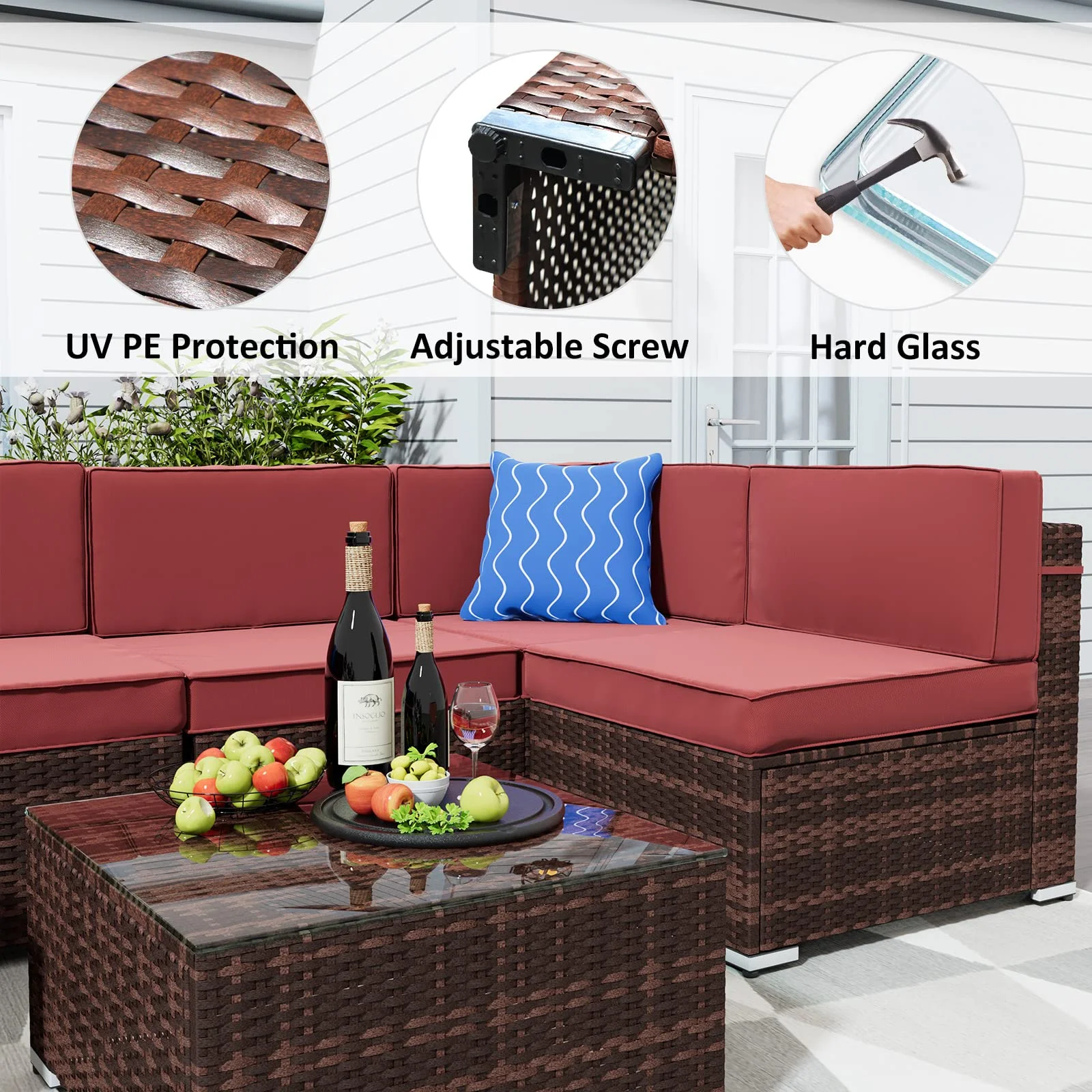 Amopatio 7 Pieces Patio Conversation Set, Outdoor Sectional PE Rattan Wicker Furniture Seat,Red - Curated Treasures Market