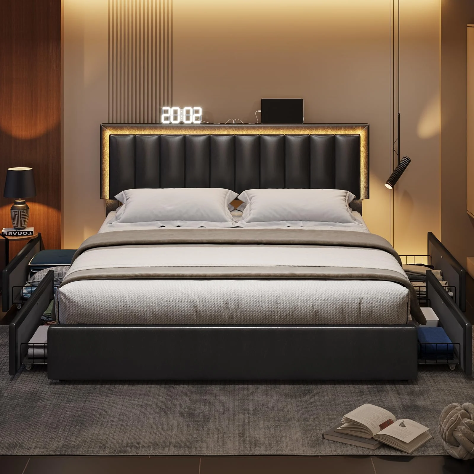 King Size Bed Frame with 4 Storage Drawers and Adjustable Headboard,Upholstered Platform Bed with USB Port Charging Station and LED Light