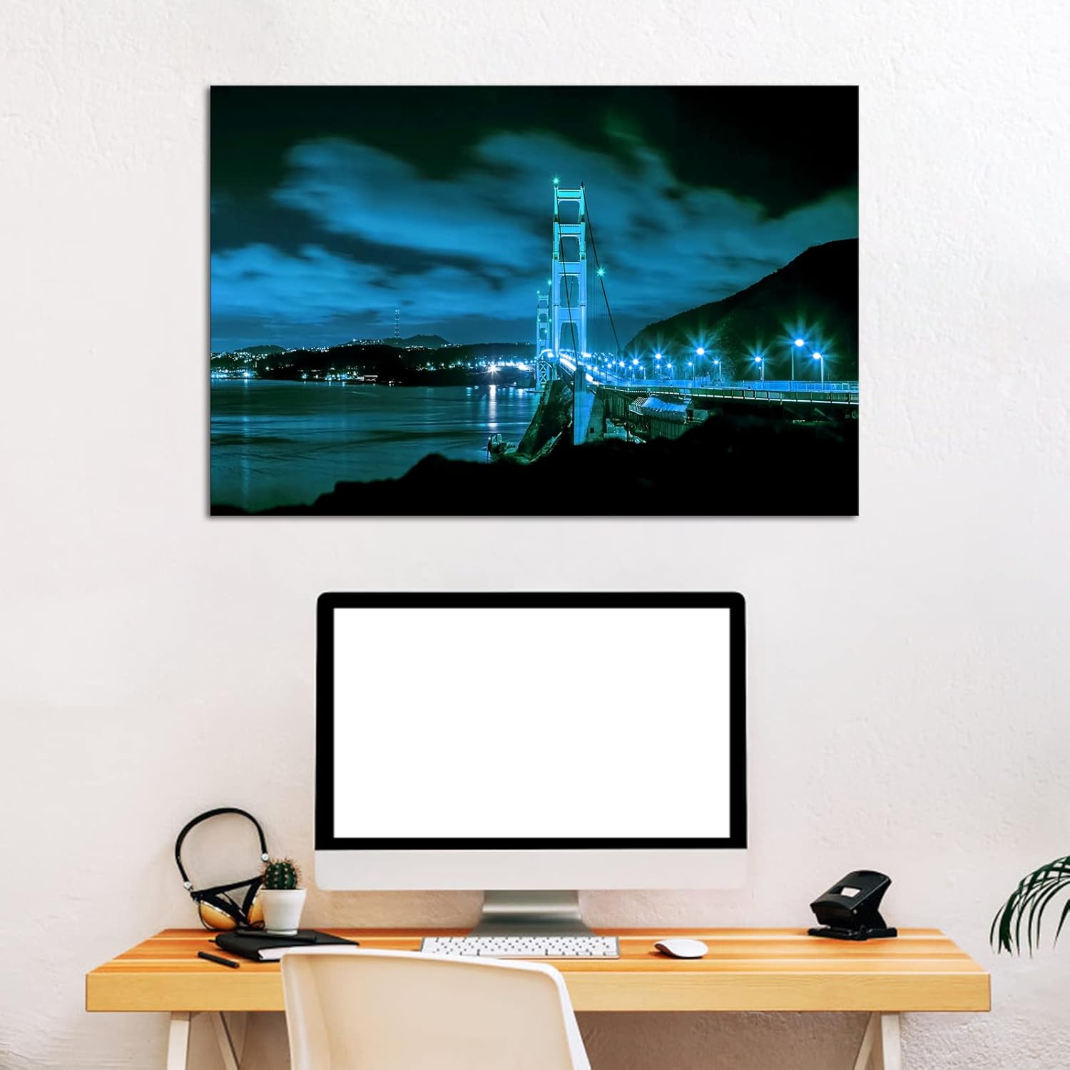 Artsbay Modern Canvas Wall Art Blue Golden Gate Bridge at Night San Francisco Picture California Cityscape Painting Print on Canvas for Bathroom