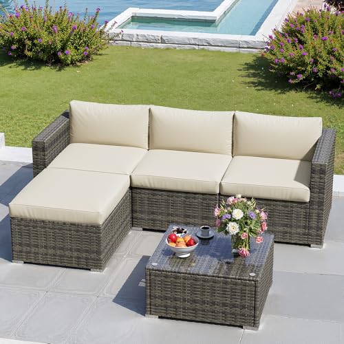 7 Pieces Outdoor Patio Furniture Sets with Glass Tea Table, PE Rattan Wicker Patio Conversation Set with Washable Cushions
