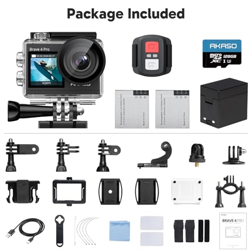 AKASO Brave 4 Pro 4K30 Action Camera with 256GB MicroSD U3 Card 131FT Underwater Waterproof Camera EIS Touch Screen Remote Control with 2x1350mAh