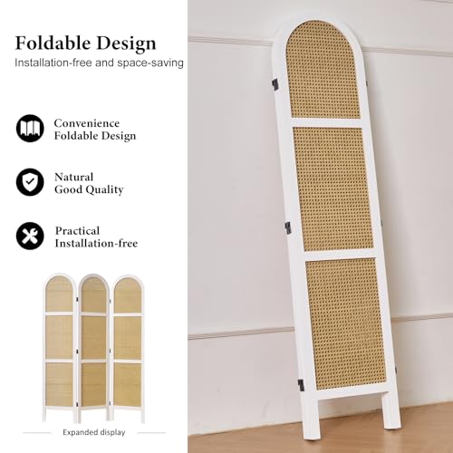 Room Divider and Folding Privacy Screens, Pine Wood 5.6 Ft Double Hinged Rattan Partition Freestanding Wall Room Divider for Home - 3 Panels
