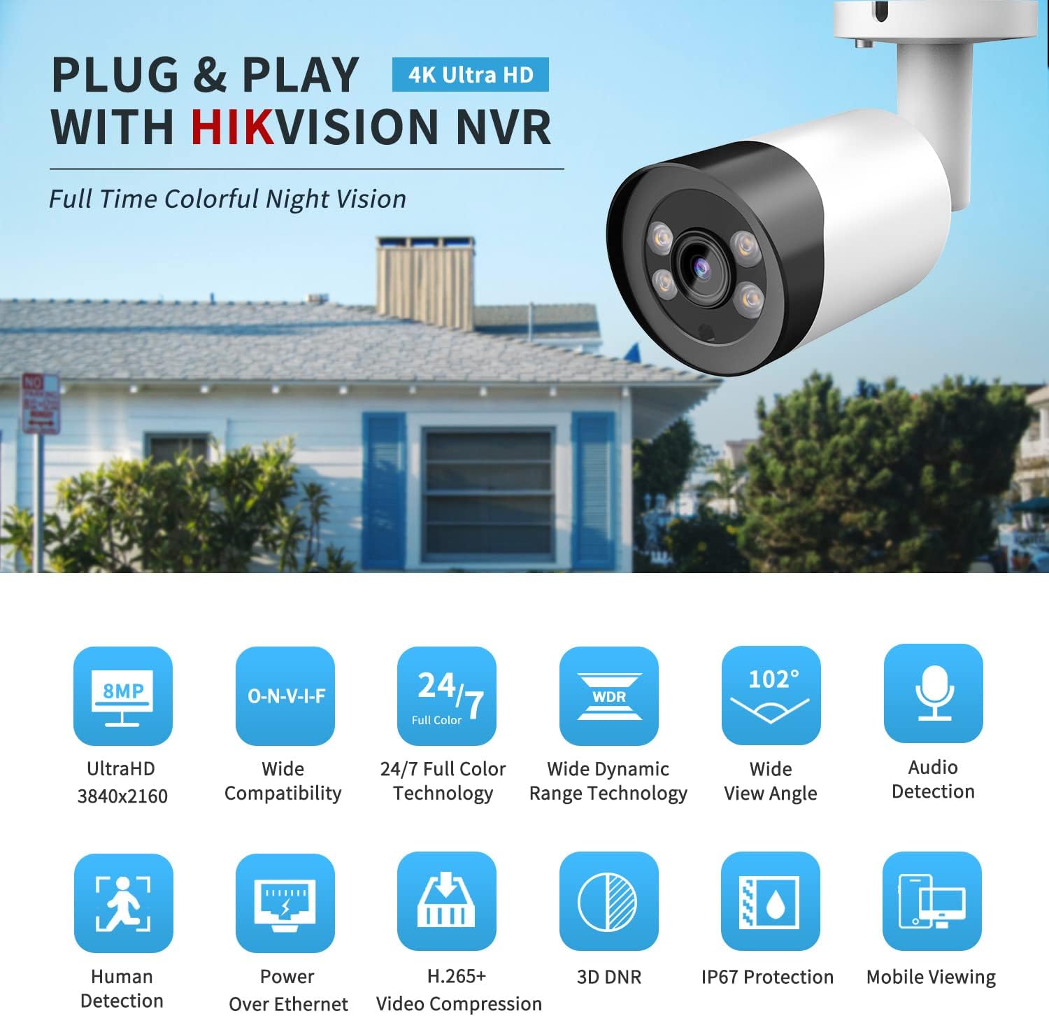 8MP Colorvu Camera Outdoor, Compatible for Hikvision, 2.8MM Lens with Full Color Night Vision, Built-in Mic, Smart Motion Detection