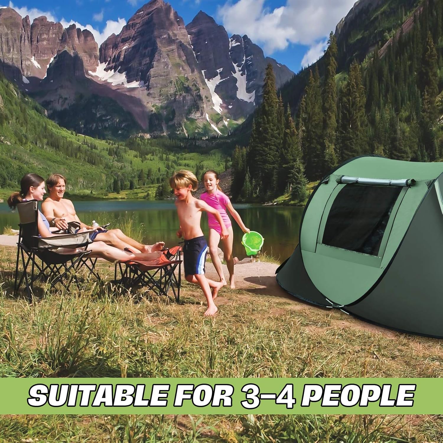 Camping Tent Easy Pop Up Tent, 3/4 Person Outdoor Waterproof Tent Automatic Setup 2 Doors Instant Family Tents with Stability Poles, Carry Bag