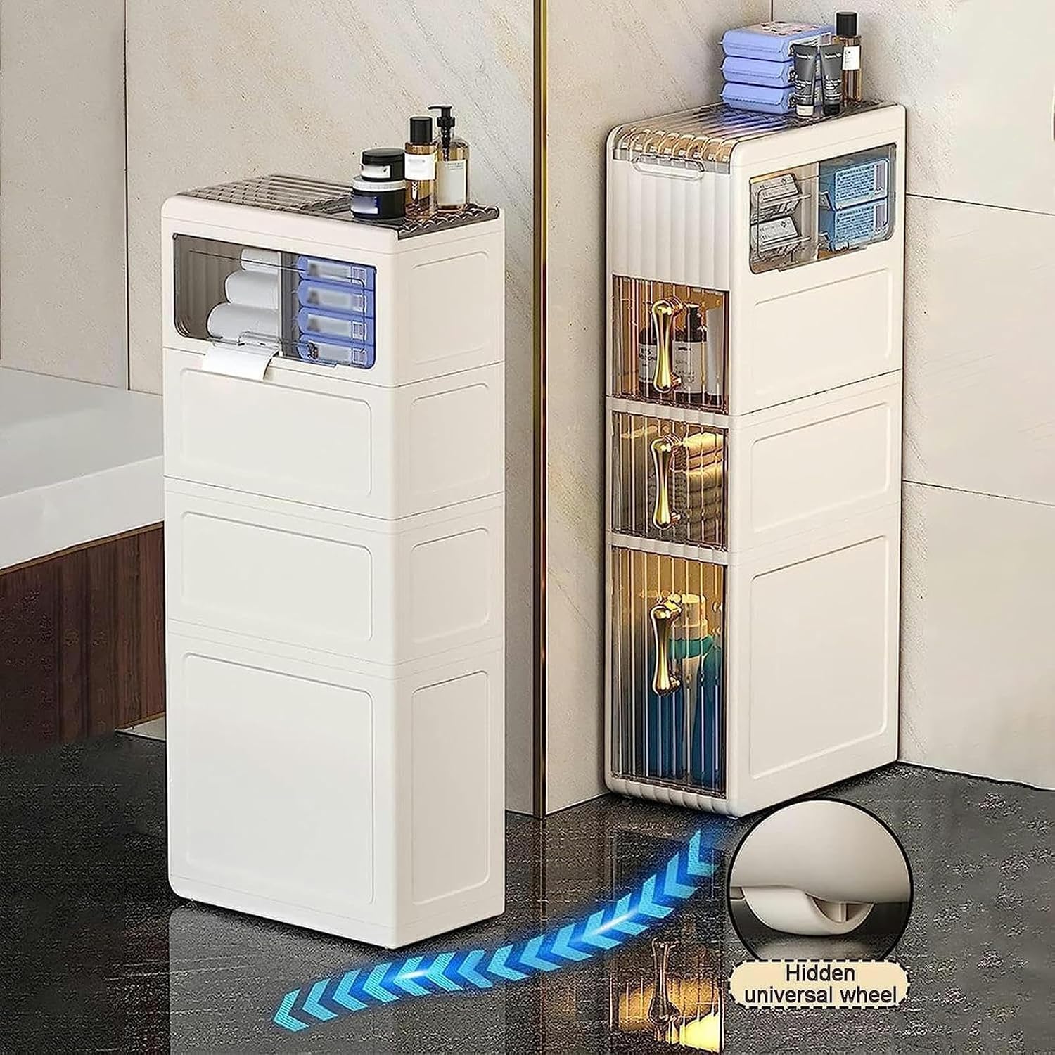 Bathroom Narrow Cabinet Small Bathroom Floor Storage Cabinet, Narrow Bathroom Organizer with Drawers and Wheels