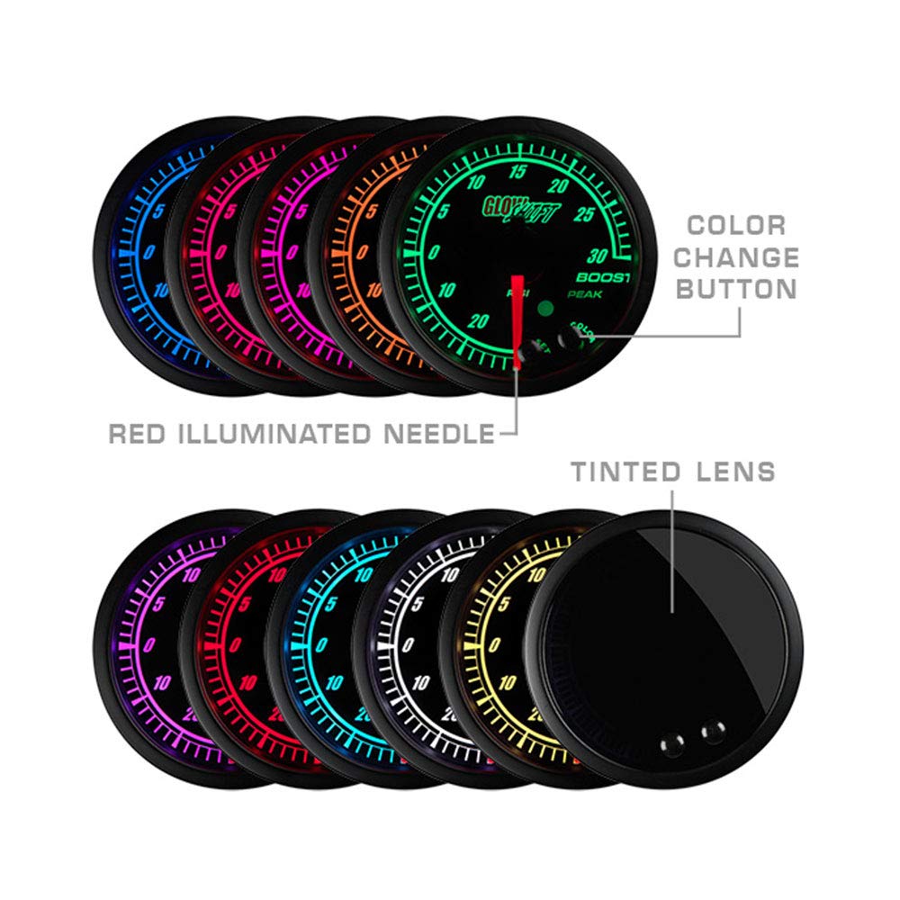 GlowShift Elite 10 Color Wideband Air/Fuel Ratio AFR Gauge Kit - Includes Oxygen Sensor, Data Logging Output & Weld-in Bung - Black Dial