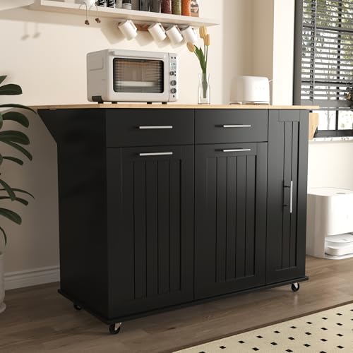 Farmhouse Kitchen Island with Power Outlet, Drop Leaf, Spice Rack and Drawer,Rolling Kitchen Cart on Wheels