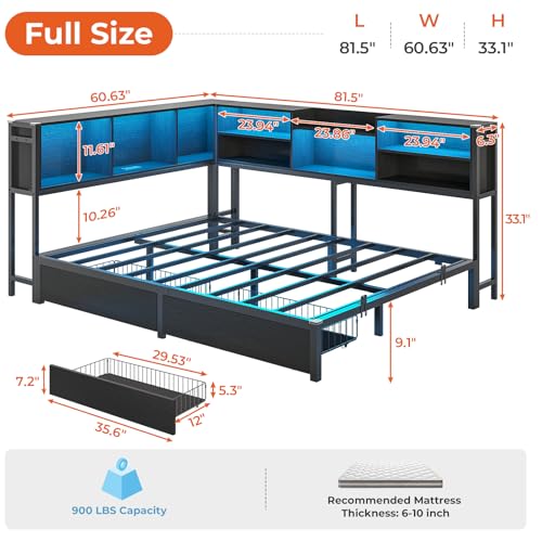 DICTAC Corner Twin Bed Frame with Bookcase Storage and Led Lights Metal Twin Size Platform Beds with Storage and Charging Station Twin Daybed with 2
