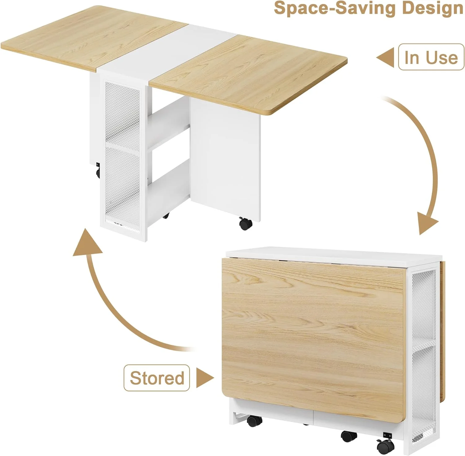 RUNFAYBIU Space Saving Folding Dining Table with 2 Tier -Extendable Drop Leaf Farmhouse Wood Kitchen Dining Room Tables Set for 4  Collapsible