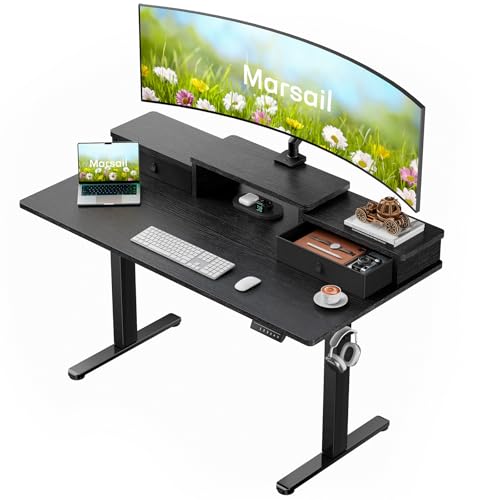 Marsail Electric Standing Desk with Drawers, 55″ x 28″ Height Adjustable Sit Stand Up Desk with Storage Shelf