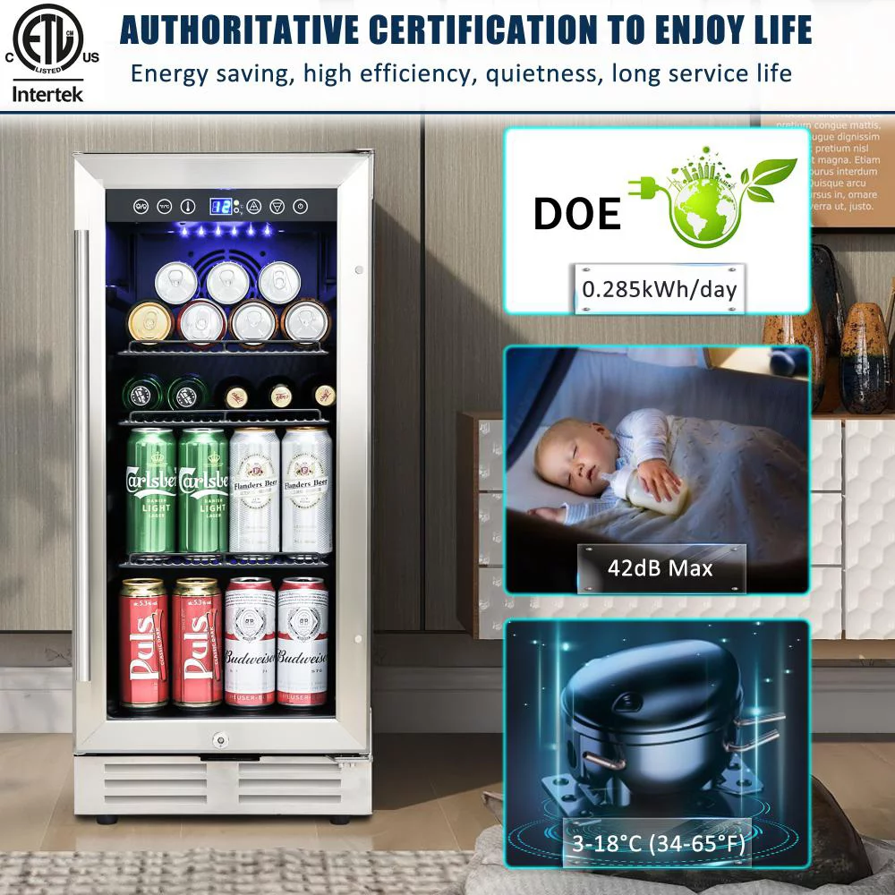 15 Inch Beverage Refrigerator Under Counter Built-in Wine Cooler Mini Fridge Clear Glass Door Digital Memory Temperature Control