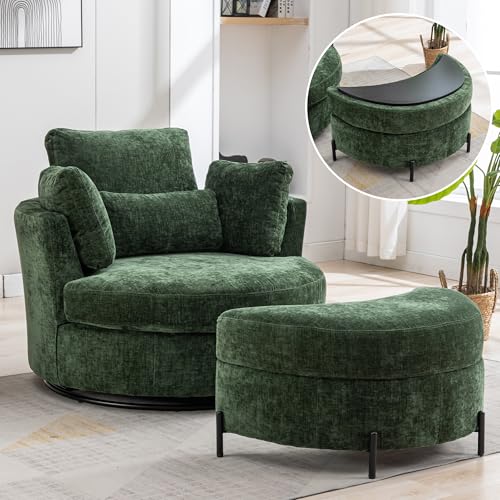 Aoiy & Wifon 42.2" W Oversized Swivel Barrel Chair with Ottoman, Upholstered Round Accent Chair with Storage Ottoman, Chenille, Beige