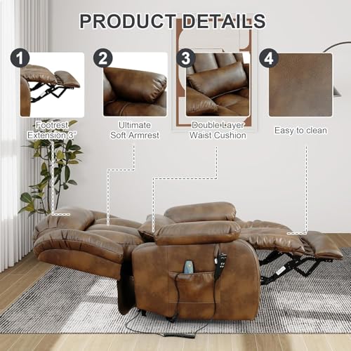 EDILLY Large Genuine Leather Power Lift Recliner Chairs for Elderly, Dual Motor with Massage and Heating,Double Lumbar Cushion and Extended Footrest