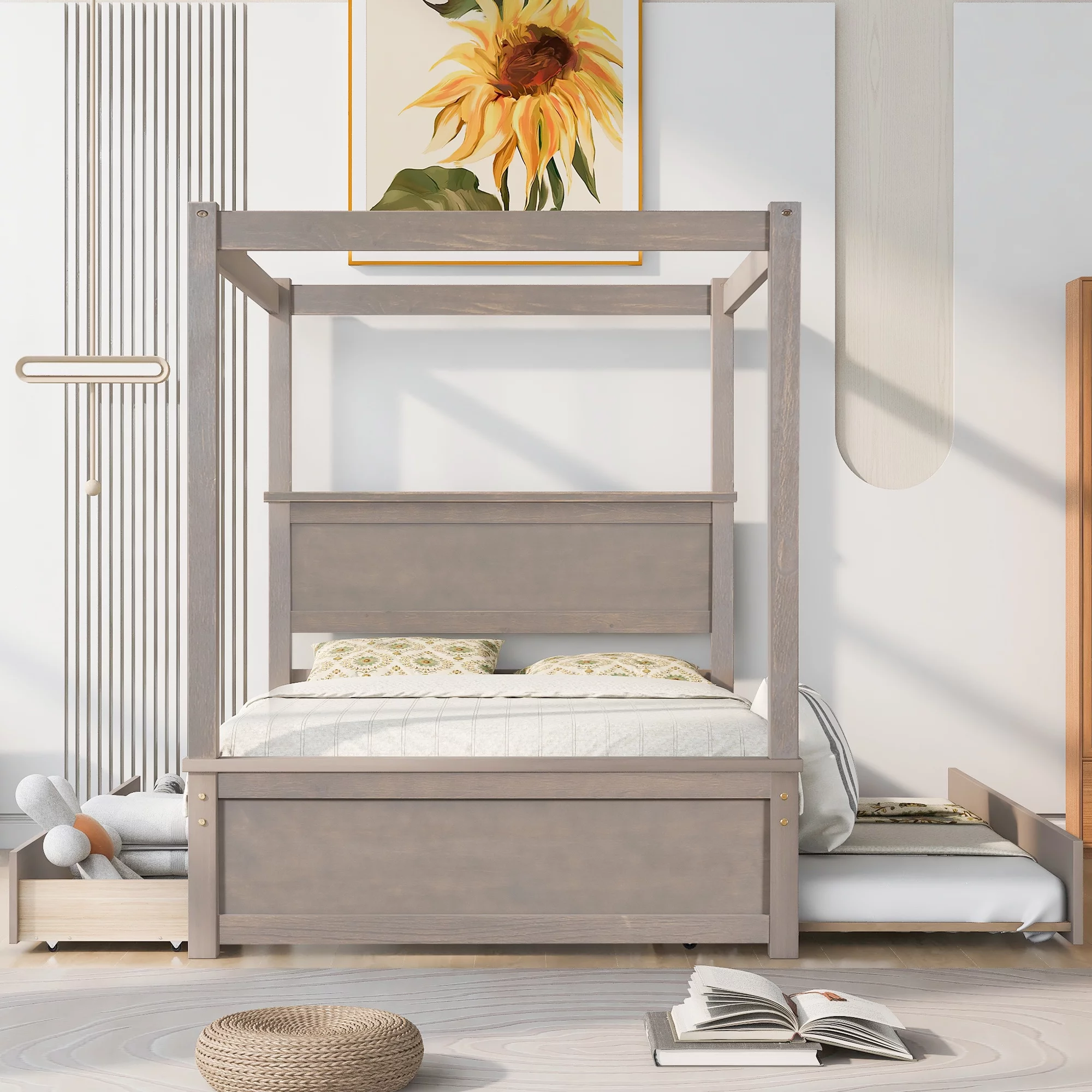 Nestfair Light Brown Full Size Wood Canopy Platform Bed with 2 Drawers and Trundle