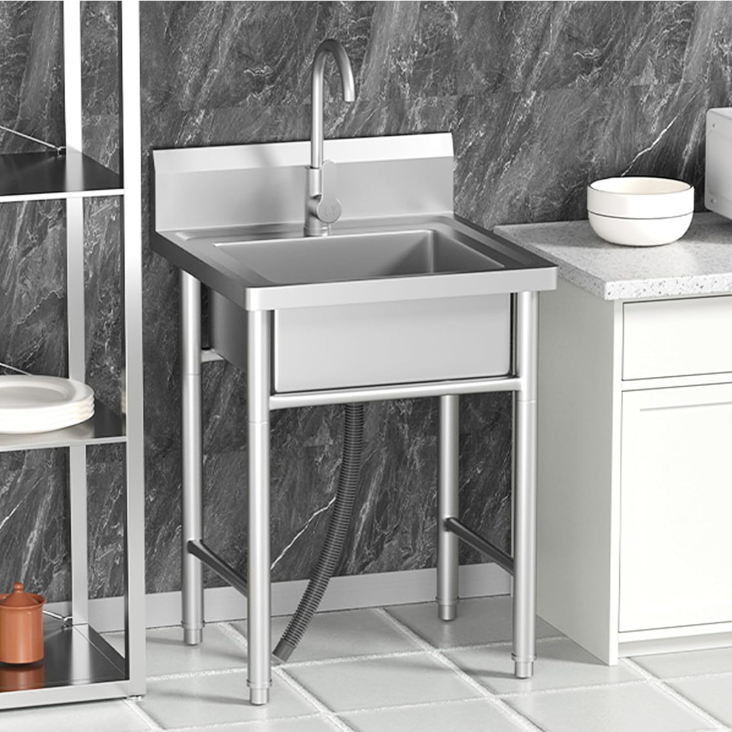 Utility Sink Freestanding Single Bowl Laundry Sink with Hot and Cold Water Plumbing Stainless Steel Sink for Kitchen and Bathroom Farmhouse Style