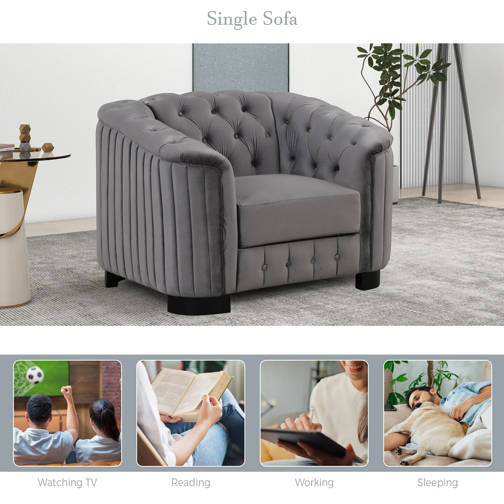 42 inch Single Sofa, 1-Person Velvet Couch with Button Tufted Back, Soft Tufted Seat with Thick Removable Seat Cushion