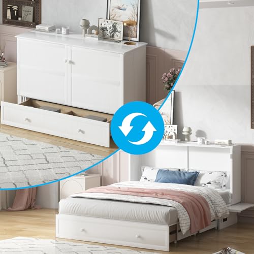 Mjkone Murphy Bed, Queen Cabinet Beds with Tri-fold Mattress and Built-in USB Charging Station/Drawer
