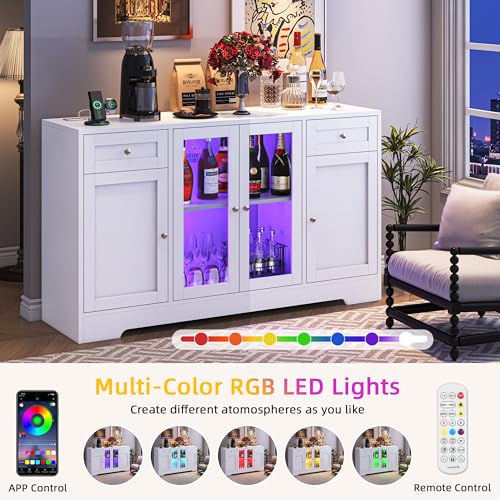LED Coffee Bar Cabinet with Storage, 55'' Large Sideboard Buffet Cabinet, Wood Coffee Bar Buffet Table with 4 Doors and Charging Station
