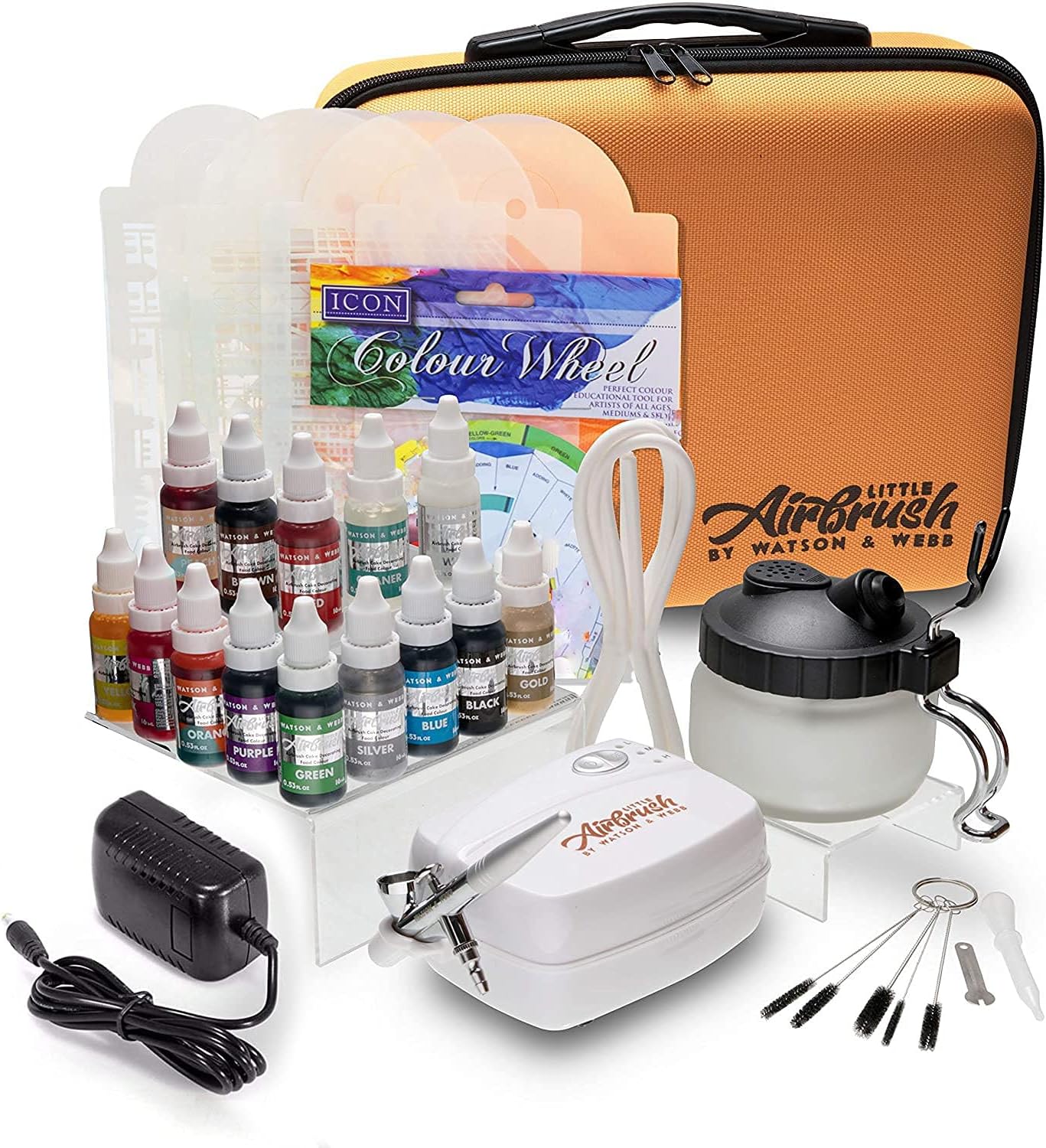 Watson & Webb Airbrush Cake Decorating Kit Airbrush Plus 14 Colours, Stencils, Cleaning Station & Case