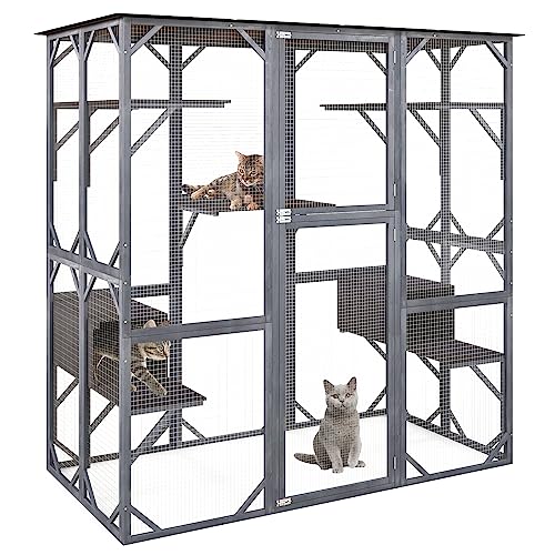 Tangkula Catio Outdoor Cat Enclosure Large, 72 Inch Tall Wooden Cat House with Weatherproof Asphalt Roof