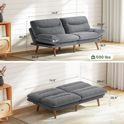 Marsail Futon Sofa Bed, Futon Couch with Adjustable Backrest & Armrests, Convertible Small Sleeper Sofa Bed for Small Apartments, Study Room, Office
