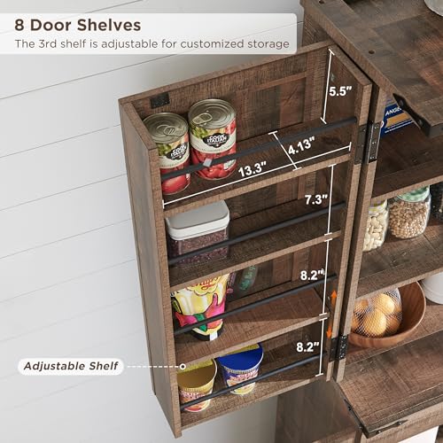 72" Tall Kitchen Pantry, Farmhouse Storage Cabinet with Barn Doors, Organizer, Drawer and Adjustable Shelves, Rustic Wood Cupboard for Kitchen