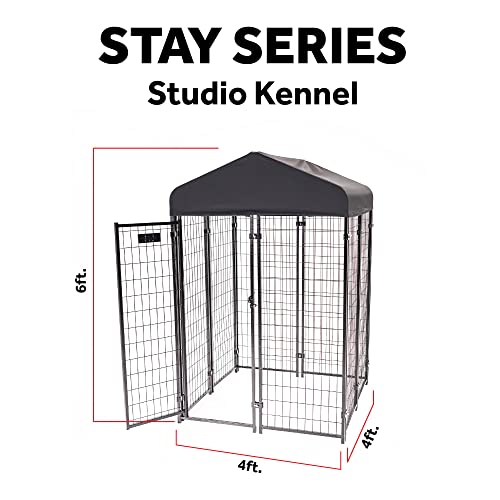 Stay Series 4 by 4 by 4.3 Feet Studio Jr. Black Powder Coat Steel Frame Outdoor Dog Kennel with Waterproof Canopy Roof and Gate Door, Khaki