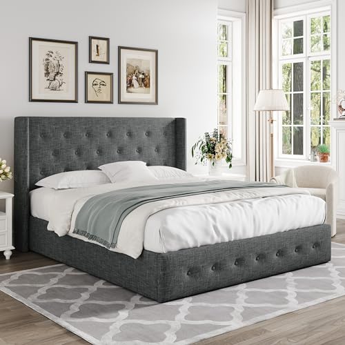 Allewie Full Size Lift Up Storage Bed, Modern Wingback Headboard, Hydraulic Support, No Box Spring Needed, Light Beige