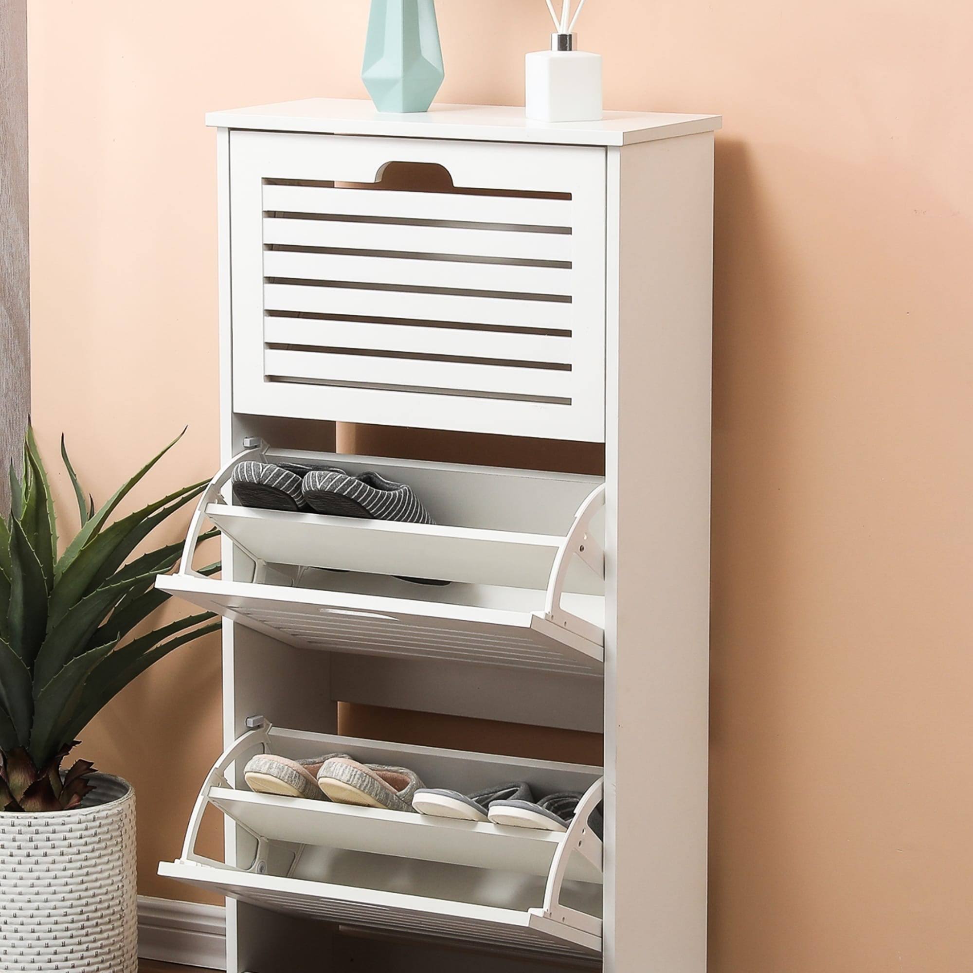 LuxenHome White Wood 12-Pair Shoe Storage Cabinet