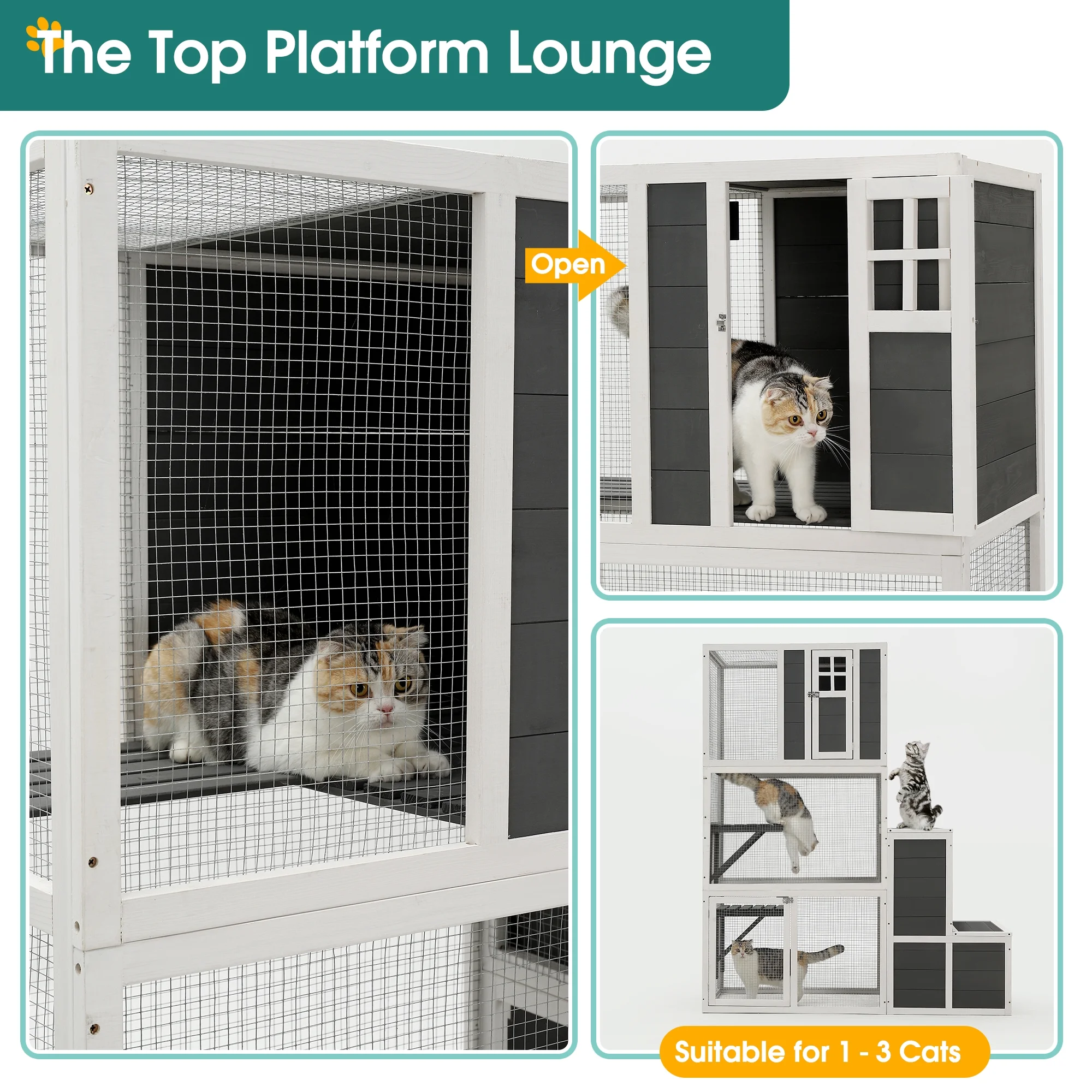 Syngar Luxury 3-Tier Wooden Cat Cage, Outdoor Medium Catio Enclosure with 2 Jump Platforms, 2 Resting Room, and 1 Loft
