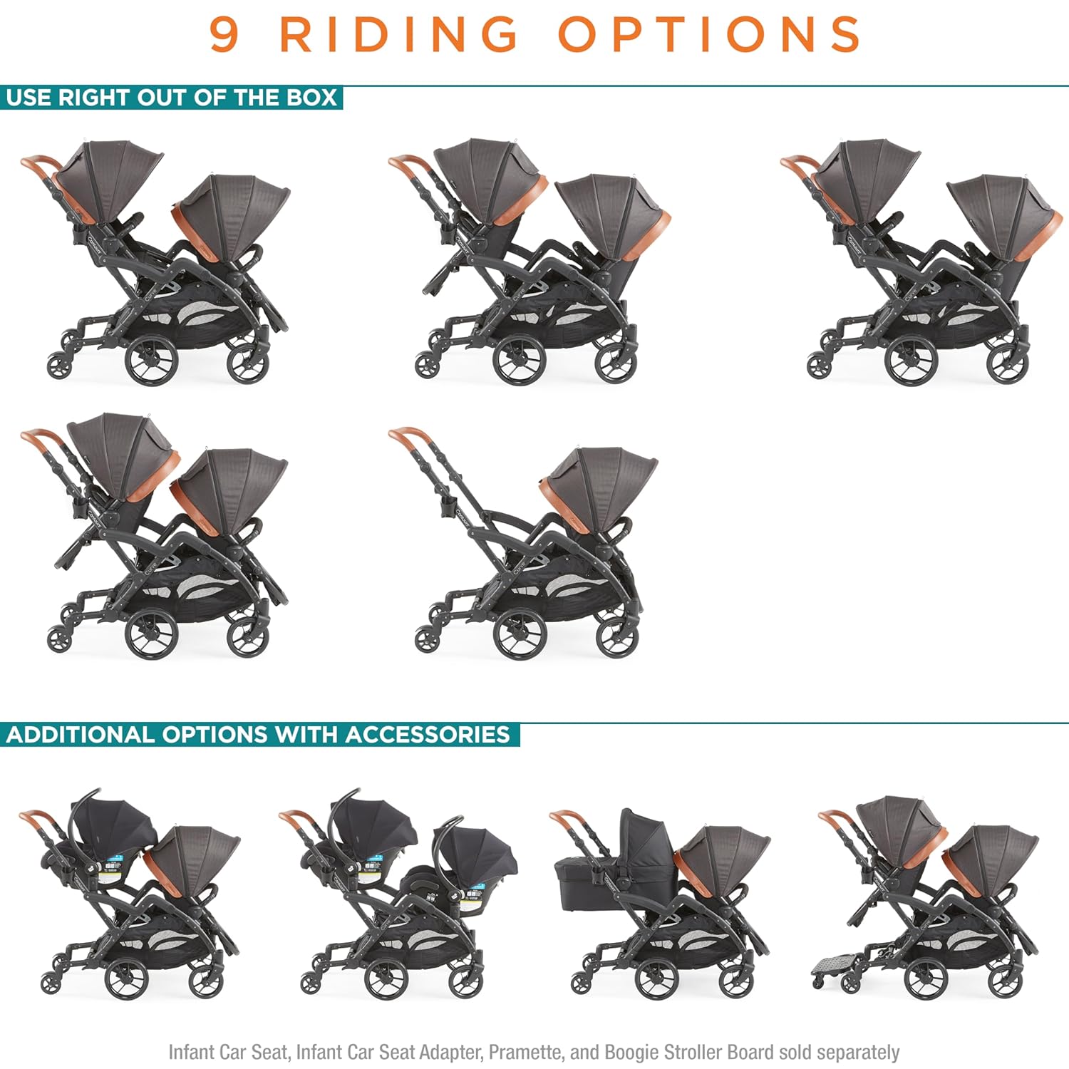 Contours Curve V2 Convertible Tandem Double Stroller & Options Elite V2 Parent Organizer Accessory - Black Herringbone