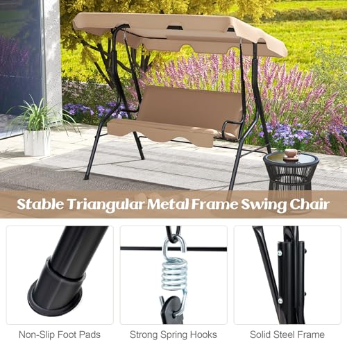 Tangkula 3 Person Porch Swing, Patio with Removable Cushion & Powder-Coated Steel Frame, Outdoor Swing with Canopy for Porch, Backyard, Garden