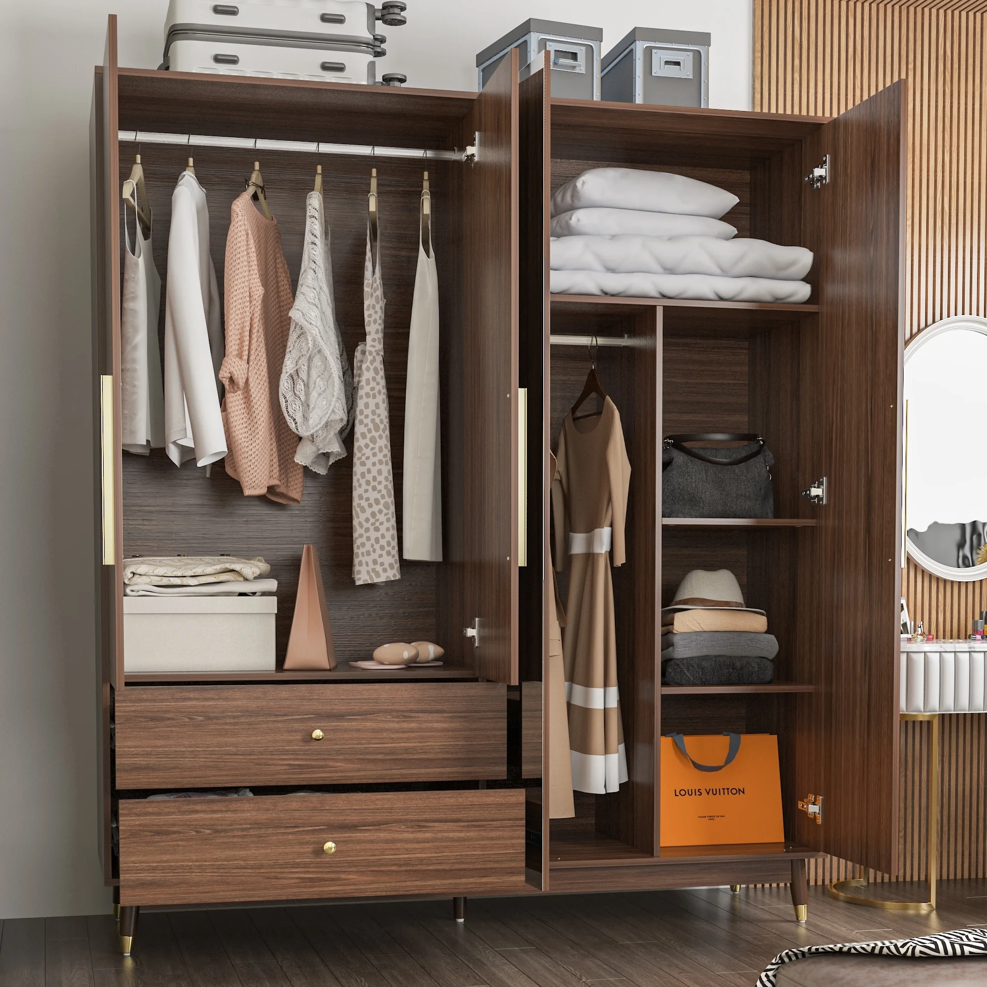 Wardrobe Armoire Closet with Mirror Wardrobe Cabinet with 2 Drawers Wood
