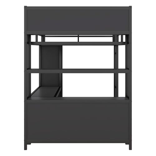 Bellamave Metal Loft Bed with Wardrobe and L-Shaped Desk, Full Size Loft Bed with Storage Cubes and Shelves, Heavy Duty LoftBed for Kids Teens Adults