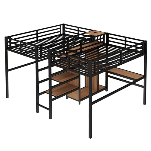 Twin Size Double Loft Bed with Desks, Heavy Duty Metal Loft Bed Frame with Charging Station, Wardrobe & Storage Shelves, Noise Reduced