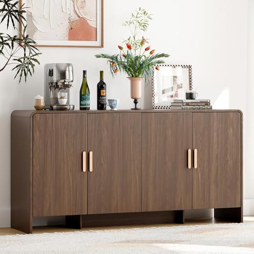60" Sideboard Buffet Cabinet with Storage, Curved Design Farmhouse Coffee Bar Cabinet with 4 Doors & Adjustable Shelves for Living Room, Kitchen
