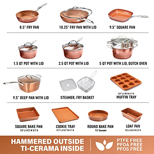 Gotham Steel Hammered 15 Pc Copper Pots and Pans Set Non Stick, Kitchen Cookware Sets, Pot and Pan Set, Ceramic Cookware Set, Non Toxic Cookware Set