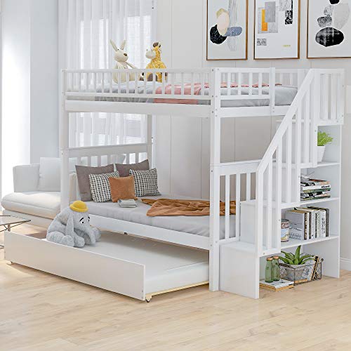 Harper & Bright Designs Bunk Beds Twin Over Full Size, Bunk Bed with Trundle,Storage Shelf and Stairway
