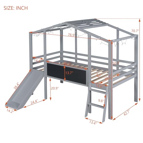 Harper & Bright Designs Kids Twin Low Loft Bed with Slide and Storage Shelves, Wood Playhouse Loft Bed Frame with a Tent & Stairs
