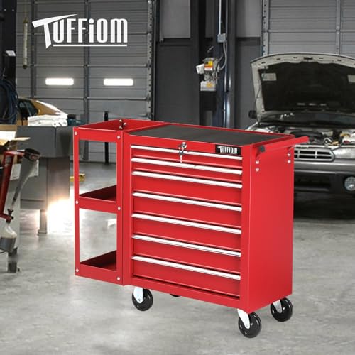 TUFFIOM 7-Drawer Rolling Tool Chest with Side Shelves, Tool Storage Side Cabinet w/Lockable Wheels, Top Cushion & Drawer Liners