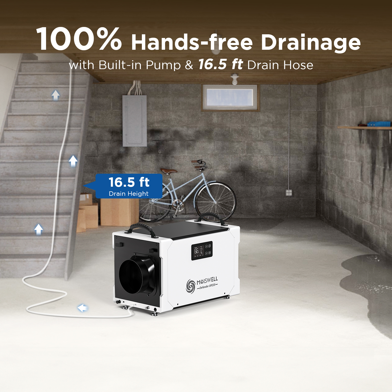 Moiswell 235 Pints Commercial Dehumidifier - Efficient Pump and Drain Hose, Perfect for Crawl Spaces, Basements, Industrial Areas, and Job Sites