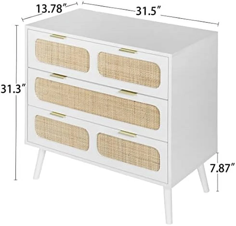 TJUNBOLIFE 3 Drawer Dresser  Modern Rattan Dresser Chest with Wide Drawers and Metal Handles  Farmhouse Wood  Chest of Drawers for Bedroom  Living