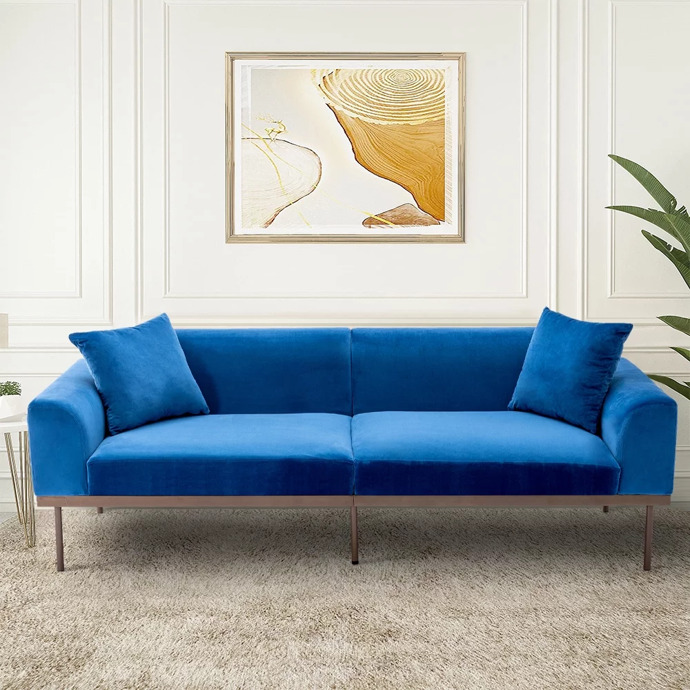 Couches and Sofas, Velvet Sofa Couch with 2 Pillows, 83"L 3-Seater Sofa, Velvet Upholstered Sofa Couch, Modern Sofa with Metal Legs