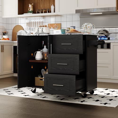 4 EVER WINNER Rolling Island with Storage and Drop Leaf, Marble Tabletop, Kitchen Carts on Wheels with Towel Rack & Spice Rack