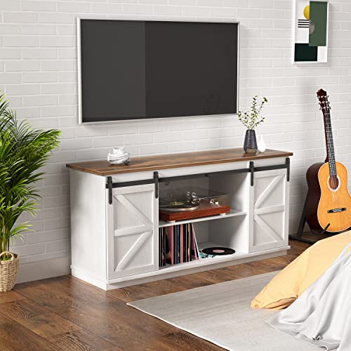 YESHOMY Farmhouse TV Stand for Televisions up to 65 Inches, Sliding Barn Doors and Storage Cabinets