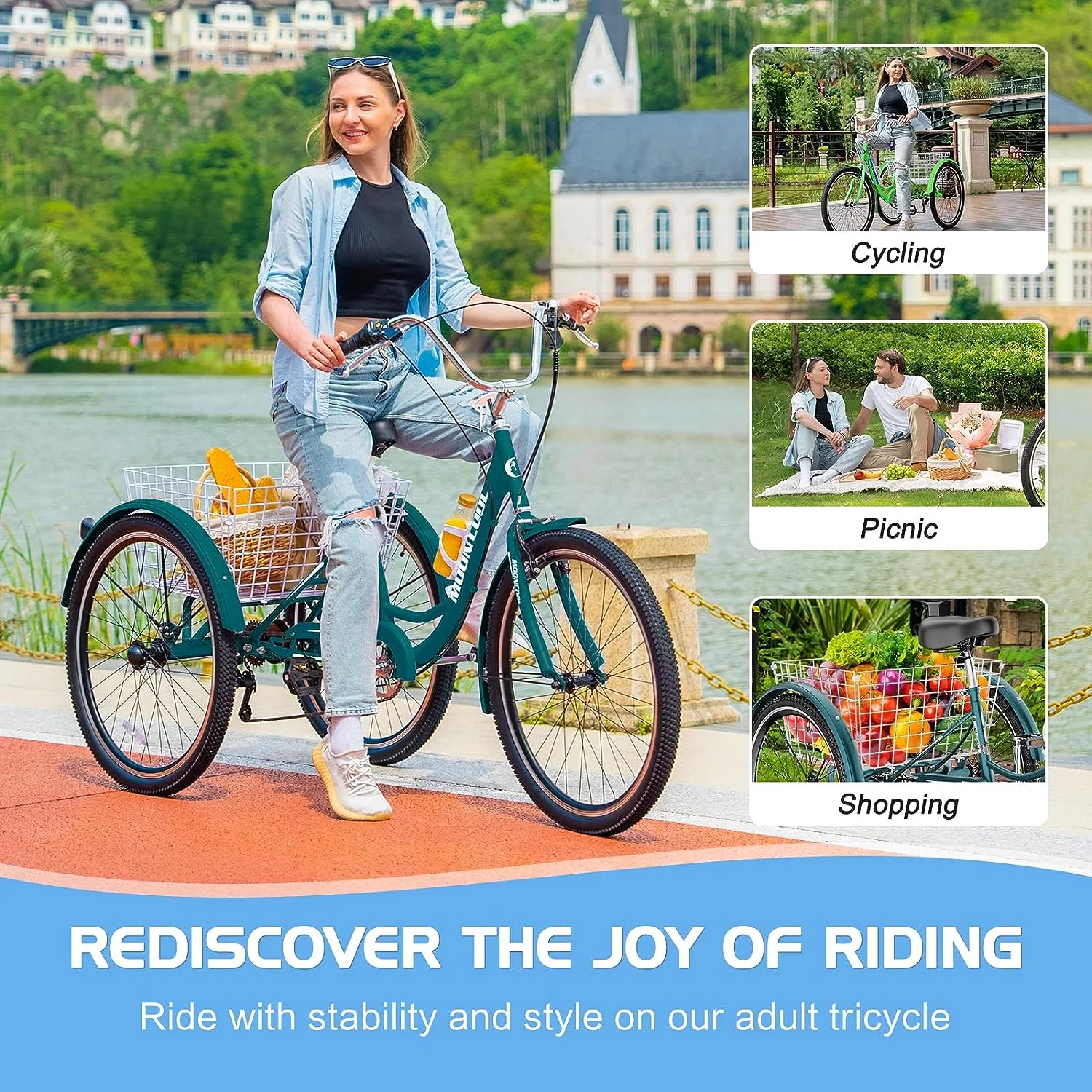 FICISOG 26 Adult Tricycle, 3 Wheel 7 Speed Bikes,450lbs Capacity Cruise Trike with Shopping Basket